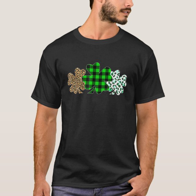 Three Heart Shamrocks Leopard Plaid St Patrick's D T-Shirt (Front)
