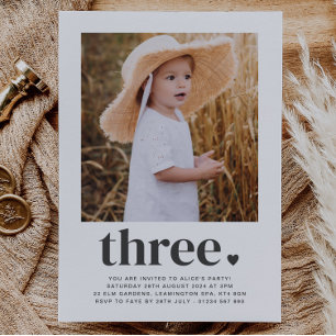 Three Heart - Square Photo 1st Birthday Invitation