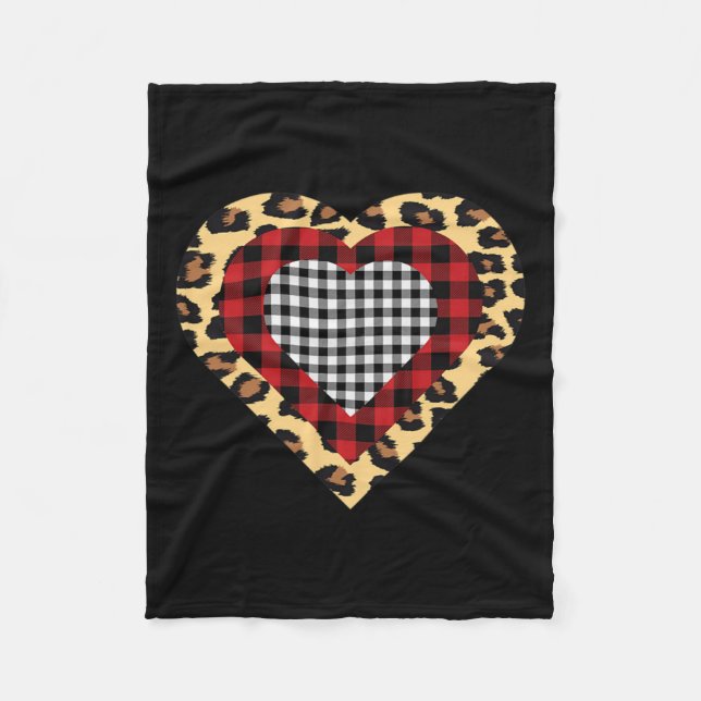 Three Hearts Buffalo Leopard Plaid Valentine's Day Fleece Blanket (Front)