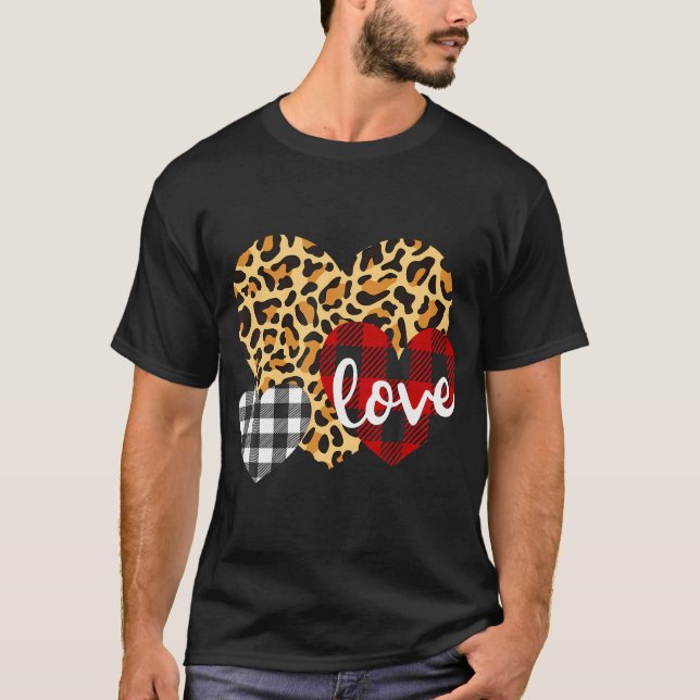 Three Hearts Leopard Buffalo Plaid For Women Valen T-Shirt (Front)