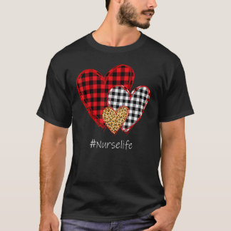 Three Hearts Leopard Buffalo Plaid Nurse Valentine T-Shirt