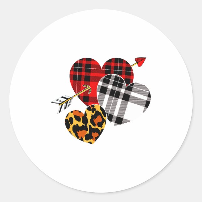Three Hearts Leopard Buffalo Plaid Valentines Day  Classic Round Sticker (Front)