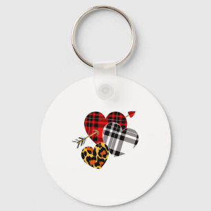 Three Hearts Leopard Buffalo Plaid Valentines Day Keychain