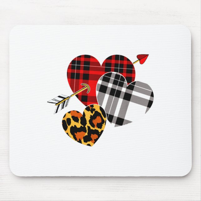 Three Hearts Leopard Buffalo Plaid Valentines Day  Mouse Pad (Front)