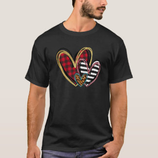 Three Hearts Leopard Buffalo Plaid Valentine's day T-Shirt