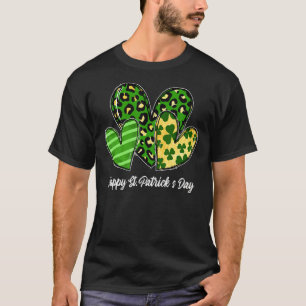 Three Hearts Leopard Shamrocks Happy St Patrick S T-Shirt
