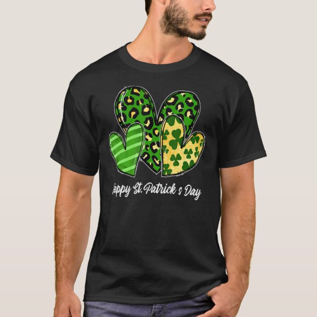 Three Hearts Leopard Shamrocks Happy St Patrick S  T-Shirt (Front)