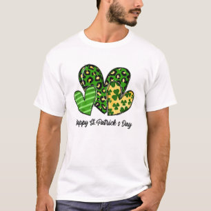 Three Hearts Leopard Shamrocks St Patrick's Day T-Shirt