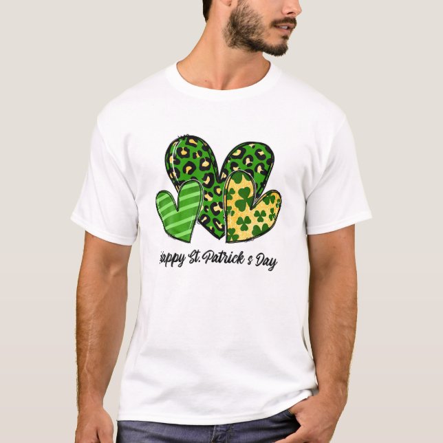 Three Hearts Leopard Shamrocks St Patrick's Day T-Shirt (Front)