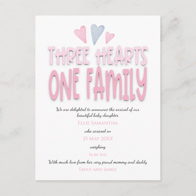 Three Hearts One Family Pink Baby Girl Birth Announcement Postcard (Front)