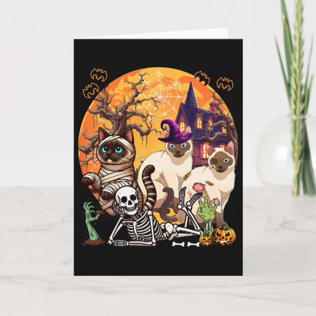 Three Horror Siamese Cats Cosplay Witch Halloween  Card (Front)