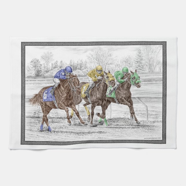Three Horse Race - Neck and Neck Kitchen Towel (Horizontal)