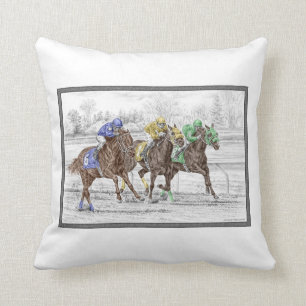 Three Horse Race - Neck and Neck Throw Pillow