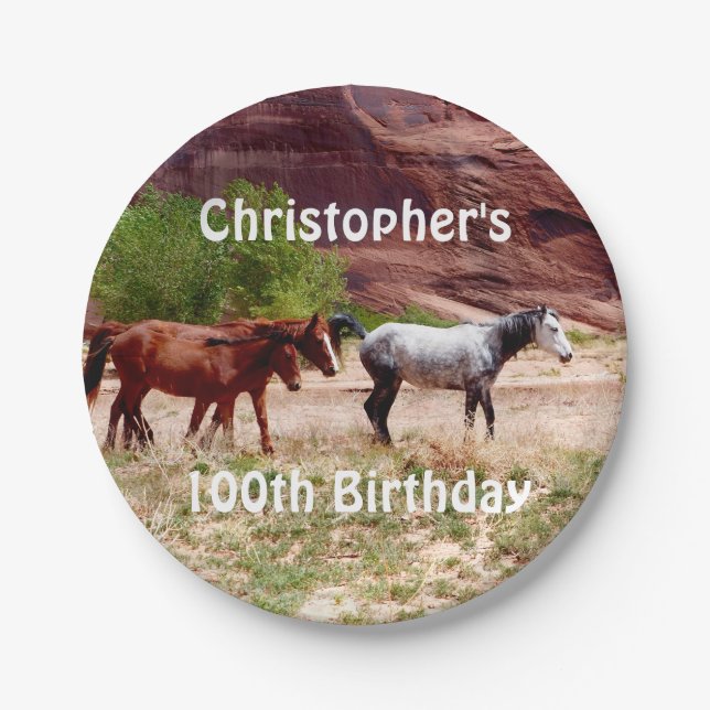 Three Horses, Equestrian, 100th Birthday Party Paper Plate (Front)