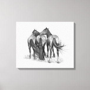 Three Horses in Pencil, Equine Art Canvas Print