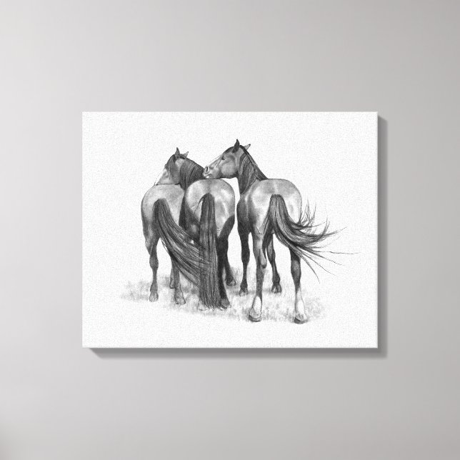 Three Horses in Pencil, Equine Art Canvas Print (Front)