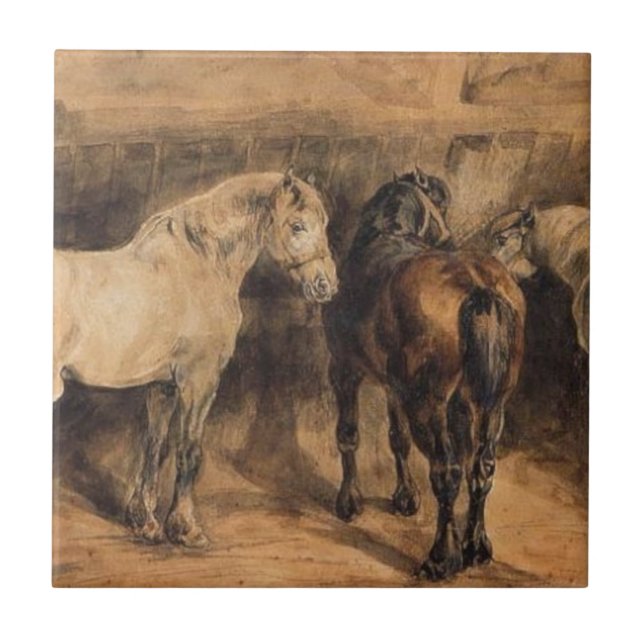 Three Horses in Their Stable Tile (Front)