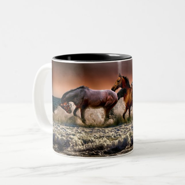 Three Horses Trotting in the Ocean Two-Tone Coffee Mug (Front Left)