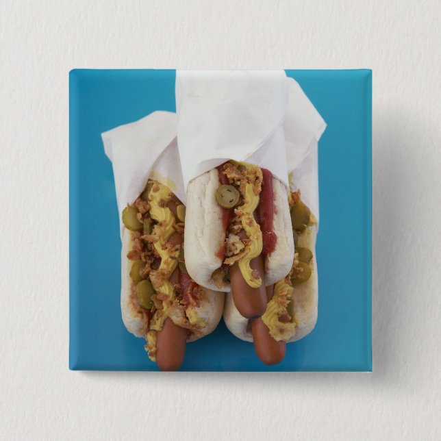 Three hot dogs in buns 2 inch square button (Front)