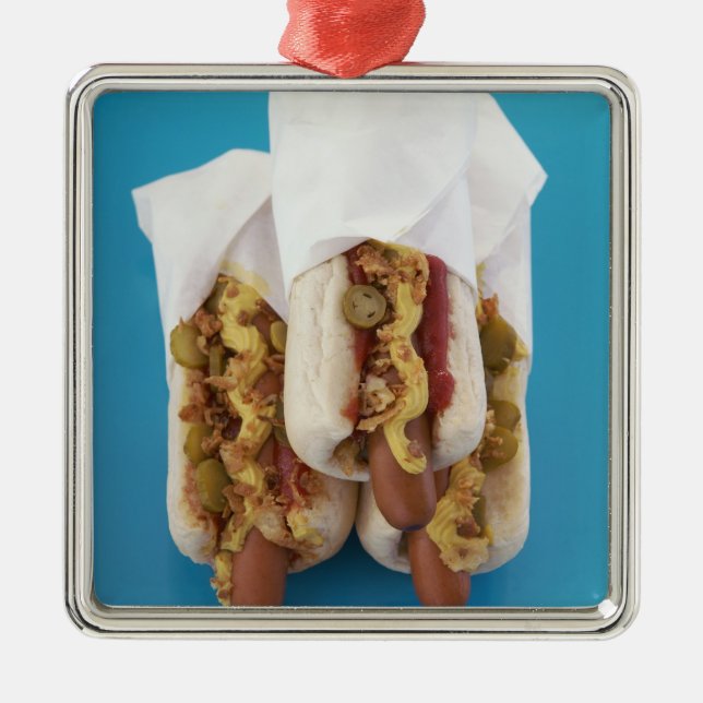 Three hot dogs in buns metal ornament (Front)