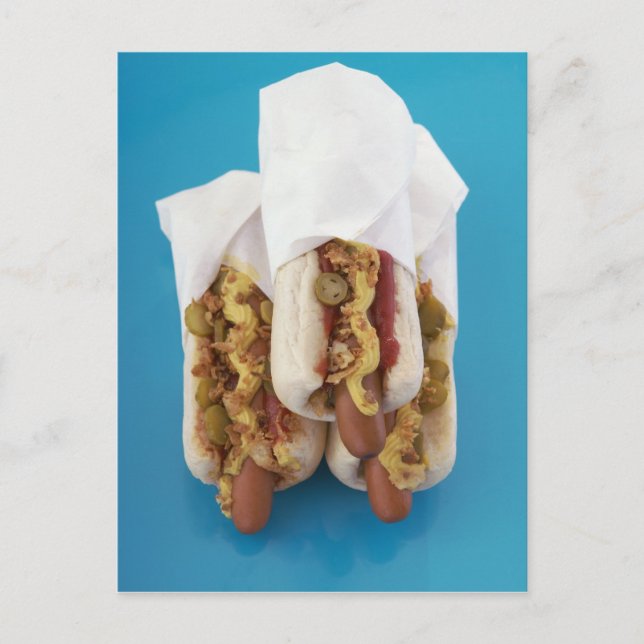 Three hot dogs in buns postcard (Front)