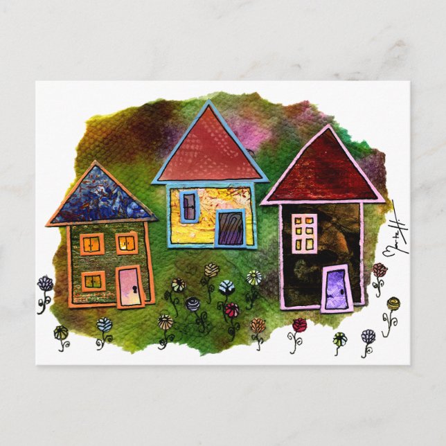 Three House Collage with Flowers Postcard (Front)