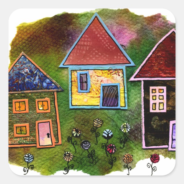Three House Collage with Flowers Square Sticker (Front)