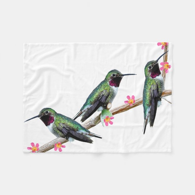 Three Hummingbirds perched on a branch of a Floss  Fleece Blanket (Front (Horizontal))