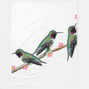 Three Hummingbirds perched on a branch of a Floss Fleece Blanket
