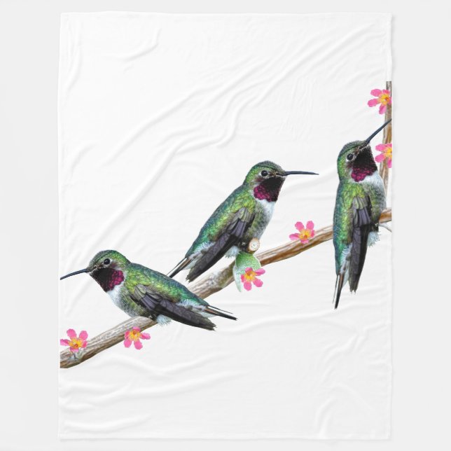 Three Hummingbirds perched on a branch of a Floss  Fleece Blanket (Front)