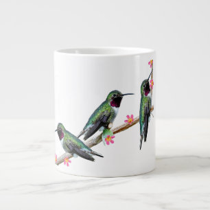 Three Hummingbirds perched on a branch of a Floss Large Coffee Mug