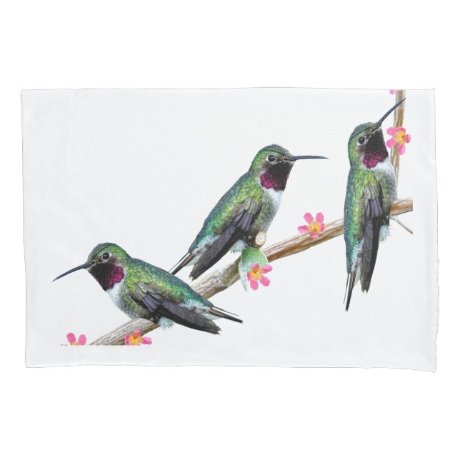 Three Hummingbirds perched on a branch of a Floss  Pillowcase (Front)