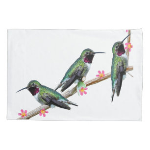 Three Hummingbirds perched on a branch of a Floss  Pillowcase