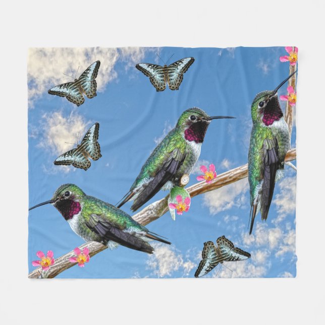 Three Hummingbirds perching on a branch Floss Silt Fleece Blanket (Front (Horizontal))