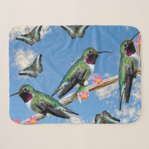 Three Hummingbirds perching on a branch Floss Silt Sherpa Blanket