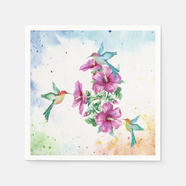 Three Hummingbirds Watercolor Cocktail Napkins (Front)