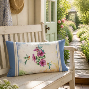 Three Hummingbirds Watercolor Lumbar Pillow