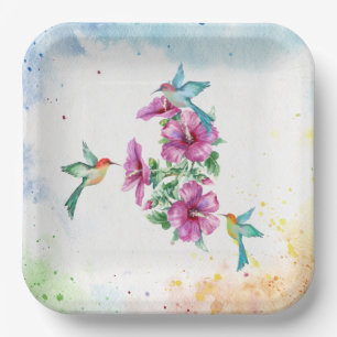 Three Hummingbirds Watercolor Paper Plate