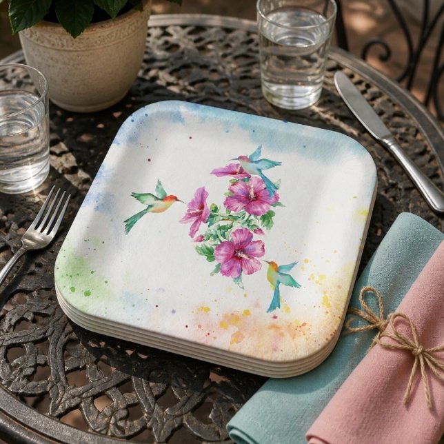 Three Hummingbirds Watercolor Paper Plate (Creator Uploaded)