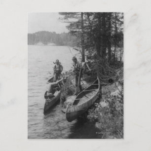 Three Hunters with Canoes at Shore Postcard