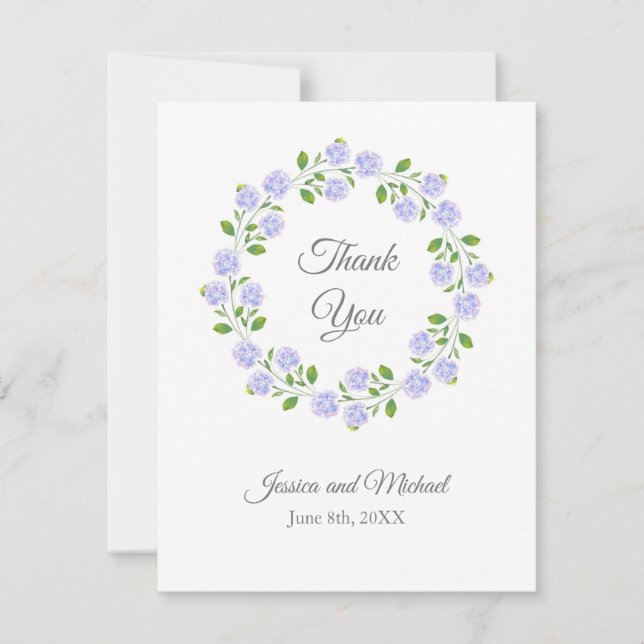 Three Hydrangeas Watercolor Floral Wreath Thank You Card (Front)