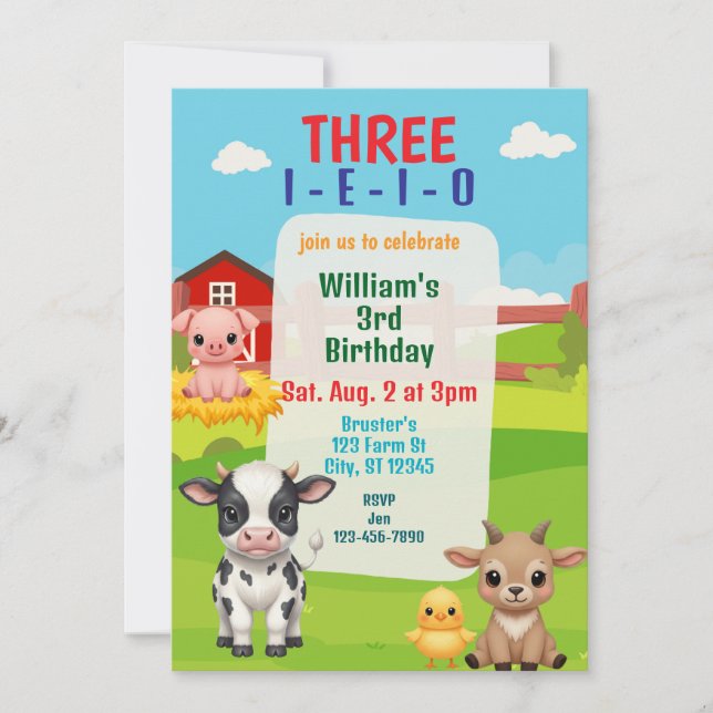 Three I-E-I-O, Cute Farm Animal 3rd Birthday Invitation (Front)