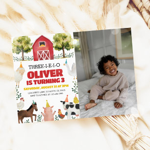 Three-I-E-I-O Farm 3rd Birthday Photo Invitation