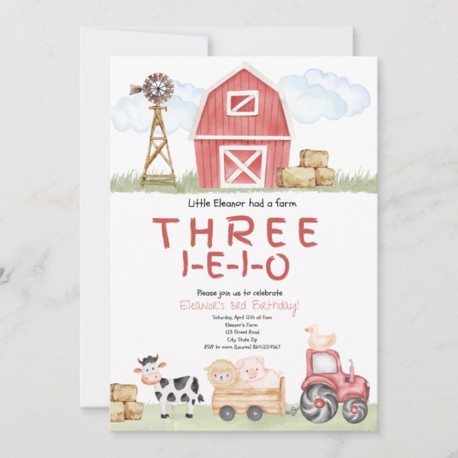 Three-I-E-I-O Farm Birthday Invitation (Front)
