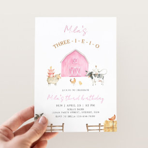 Three-I-E-I-O Pink Barn Farm 3rd Birthday Party Invitation