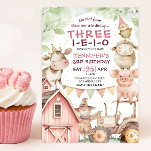 THREE-I-E-I-O Pink Girl Farm 3rd Birthday Invitation