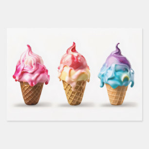 three ice cream cones with purple and blue colours wrapping paper sheet
