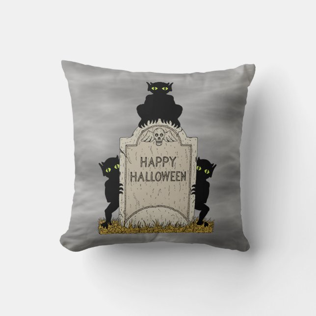 Three Imps Happy Halloween Throw Pillow (Front)