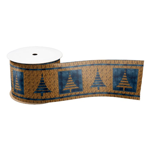 Three-Inch Tiger Print with Blue Christmas Trees Satin Ribbon (Spool)