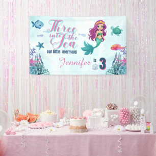 Three into the Sea Mermaid Girls 3rd birthday Banner